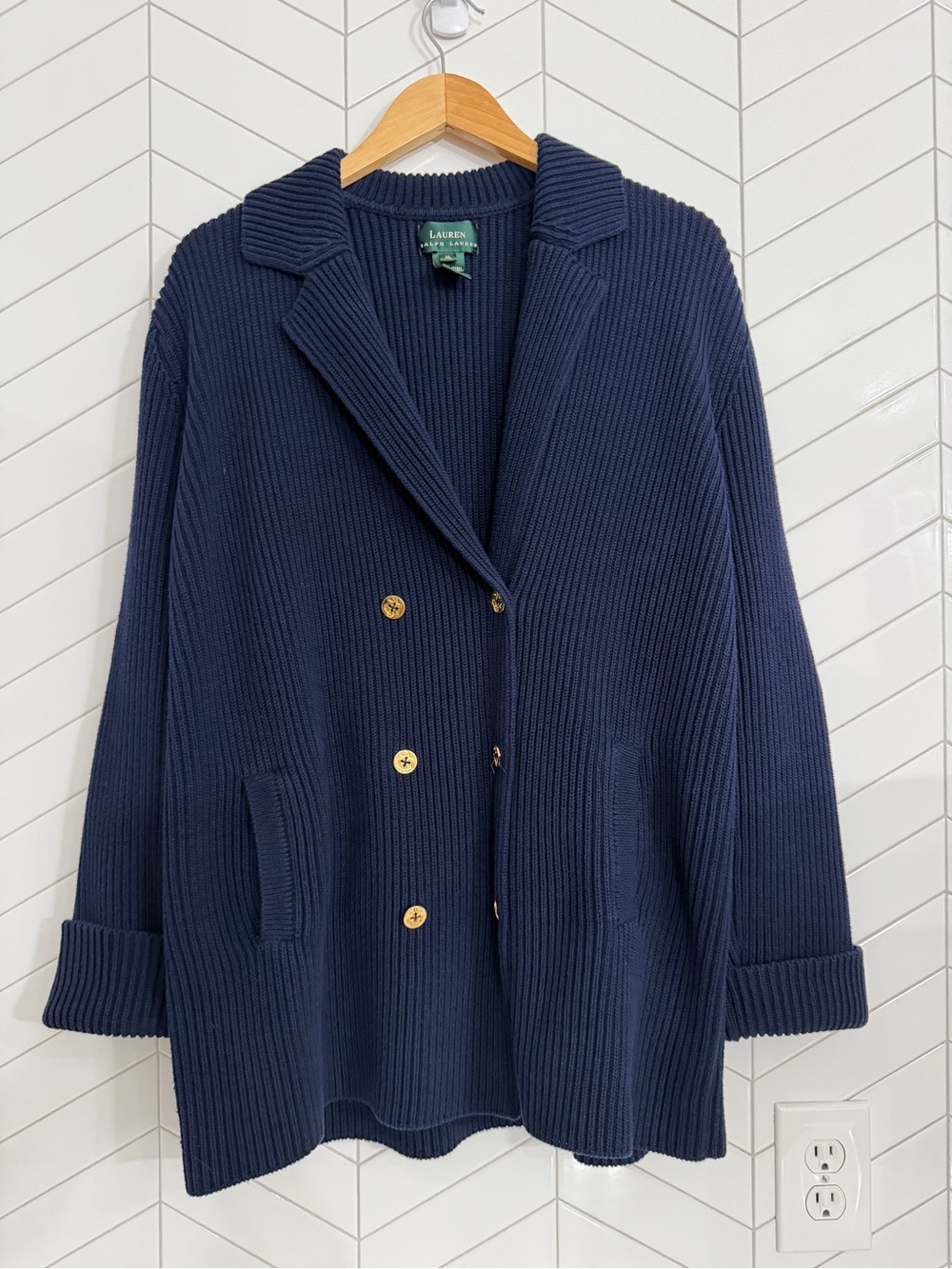 Lauren Ralph Lauren Navy Ribbed Double-Breasted Knit Blazer with Gold Buttons